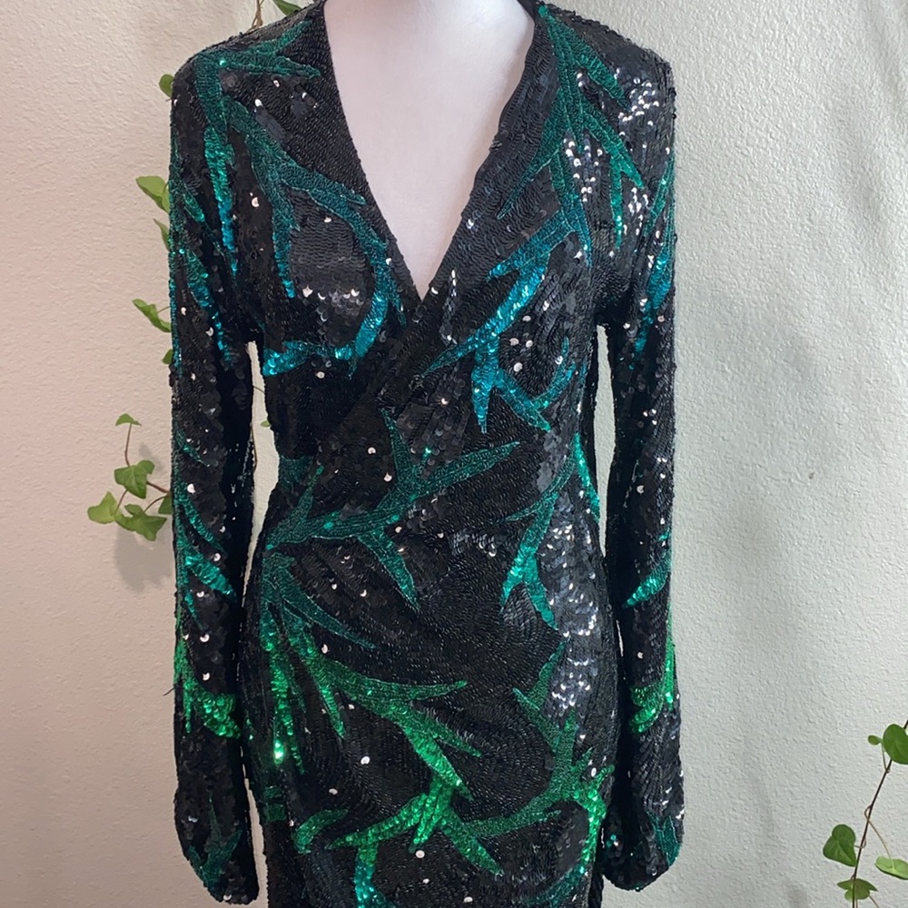ATTICO Elegant‎ Sequin Wrap Dress Black and Green, Long Sleeve Maxi Dress Size40 - Picture 4 of 17